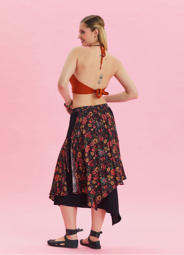 Floral Print Skirt with Elastic Waist and Tie Detail 4523